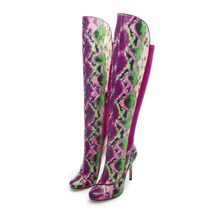 Women Moda In Pelle Knee High Boots Savi Purple Snake Print Leather
