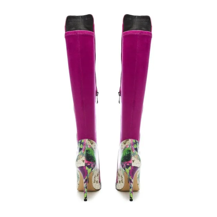 Women Moda In Pelle Knee High Boots Savi Purple Snake Print Leather