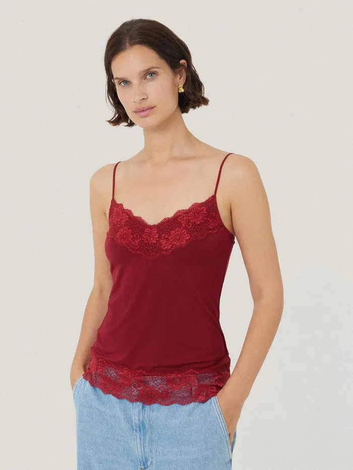 Women Modal Lace Vest Cinema Red Jigsaw Shirts and Tops