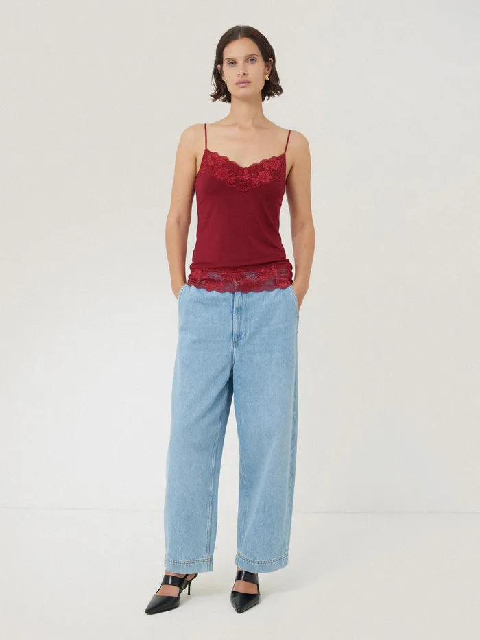 Women Modal Lace Vest Cinema Red Jigsaw Shirts and Tops