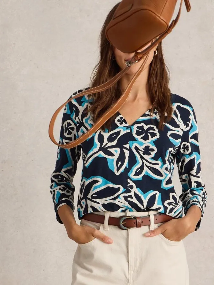 Women NELLY MID SLEEVE TEE Navy Print White Stuff Tops and Tees