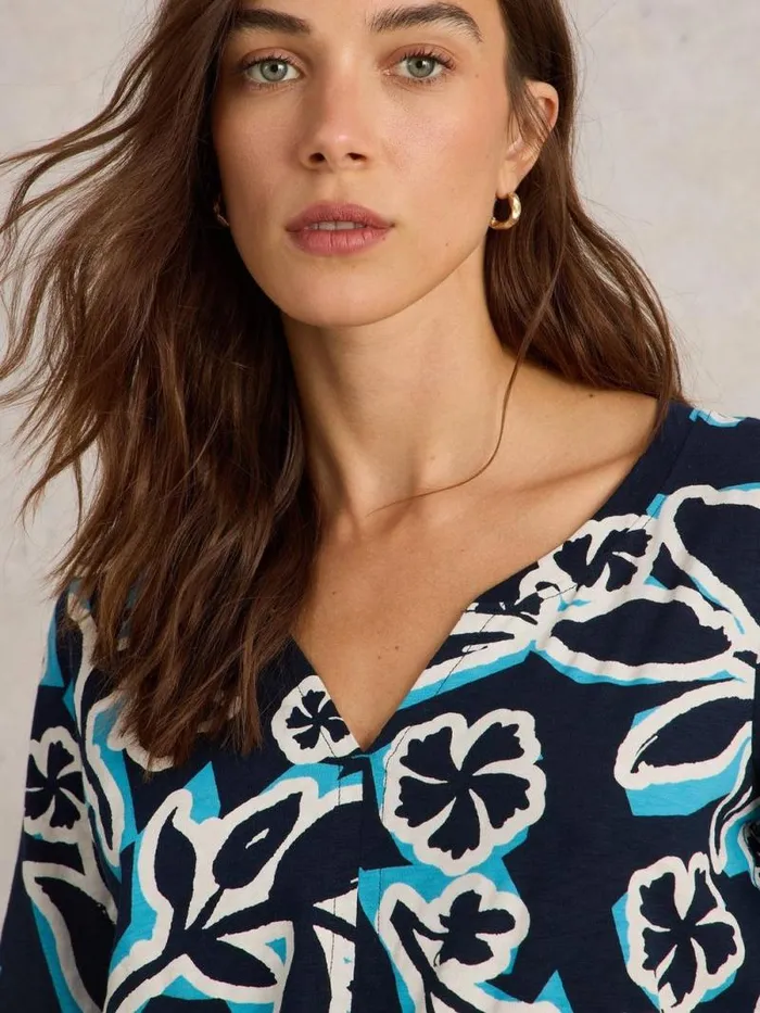 Women NELLY MID SLEEVE TEE Navy Print White Stuff Tops and Tees