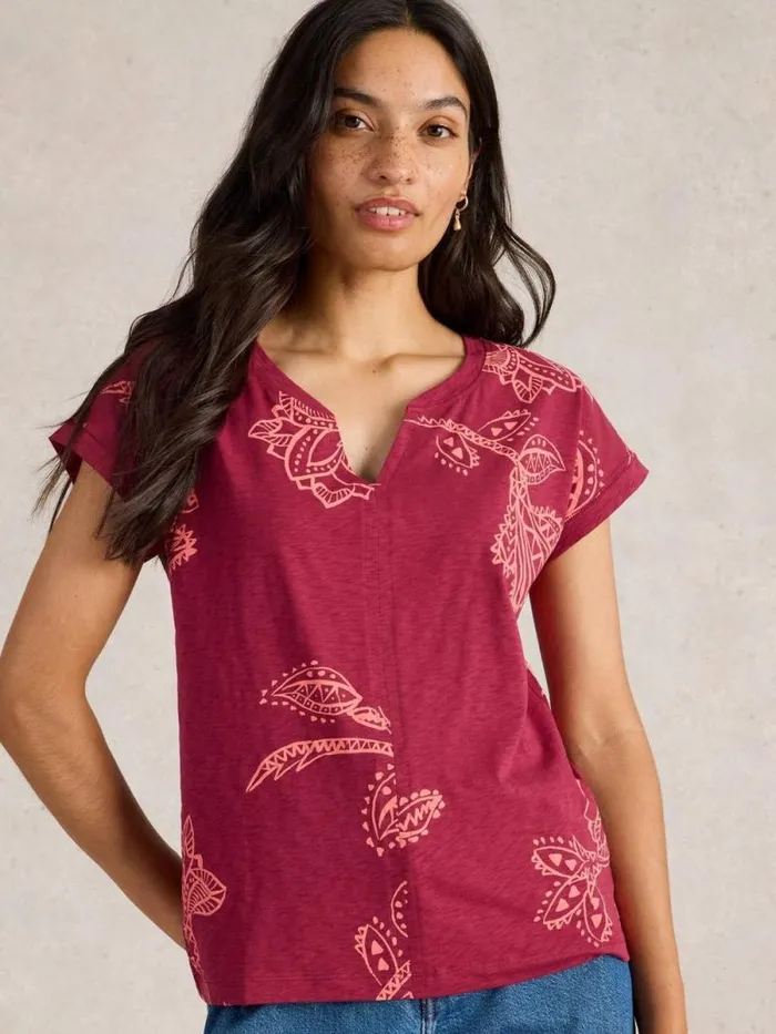 Women NELLY NOTCH NECK TSHIRT Plum Purple Print White Stuff Tops and Tees