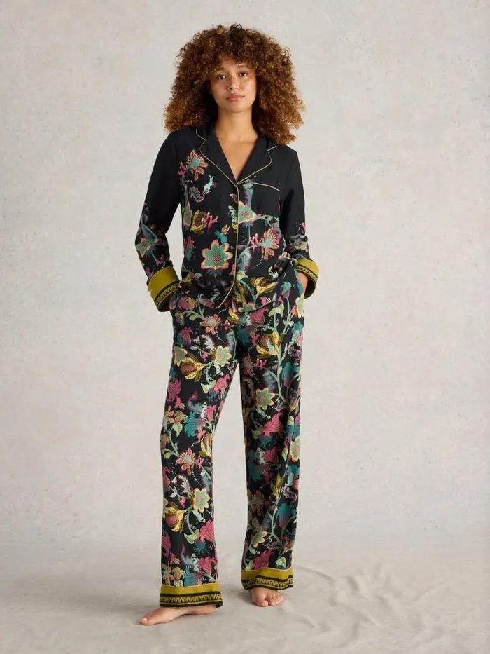 Women Nina Organic PJ Shirt Black Print White Stuff Nightwear