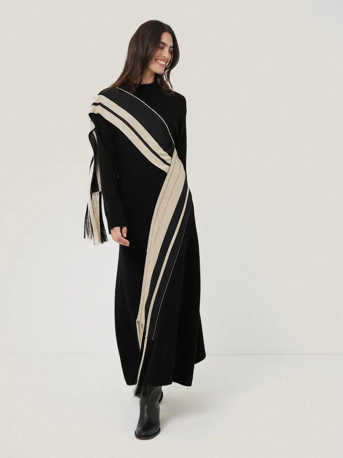 Women Opera Scarf Knitted Dress Black Jigsaw Party