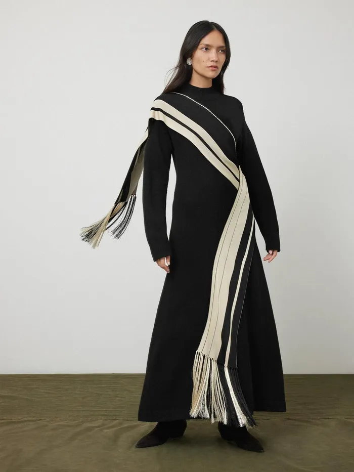 Women Opera Scarf Knitted Dress Black Jigsaw Party