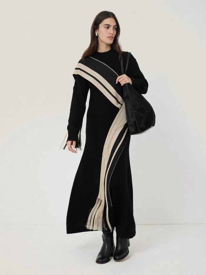Women Opera Scarf Knitted Dress Black Jigsaw Party
