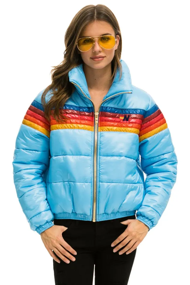 Women Outerwear Aviator Nation 5 STRIPE LUXE APRES PUFFER JACKET 8211 GLOSSY SKY