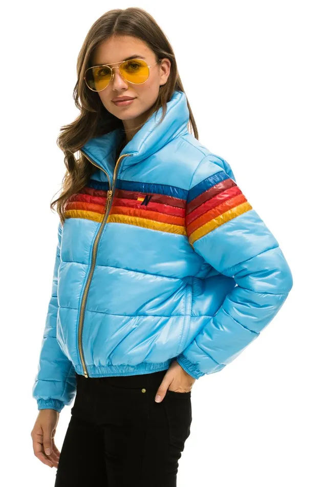 Women Outerwear Aviator Nation 5 STRIPE LUXE APRES PUFFER JACKET 8211 GLOSSY SKY Women Outerwear Aviator Nation 5 STRIPE LUXE APRES PUFFER JACKET 8211 GLOSSY SKY