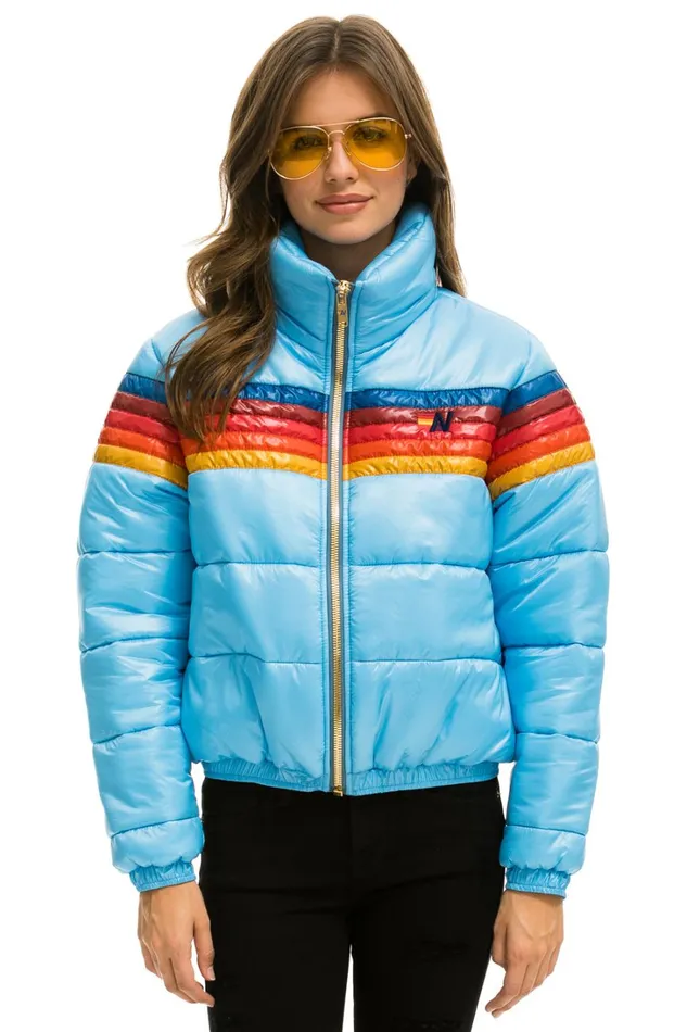 Women Outerwear Aviator Nation 5 STRIPE LUXE APRES PUFFER JACKET 8211 GLOSSY SKY Women Outerwear Aviator Nation 5 STRIPE LUXE APRES PUFFER JACKET 8211 GLOSSY SKY