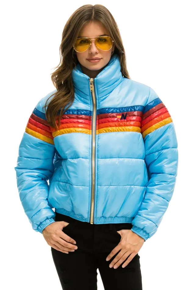 Women Outerwear Aviator Nation 5 STRIPE LUXE APRES PUFFER JACKET 8211 GLOSSY SKY Women Outerwear Aviator Nation 5 STRIPE LUXE APRES PUFFER JACKET 8211 GLOSSY SKY