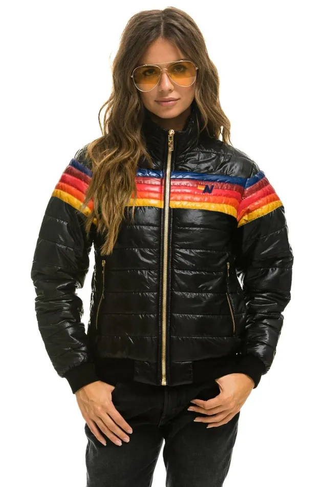 Women Outerwear Aviator Nation 5 STRIPE RAINBOW SLEEVE JACKET 8211 GLOSSY BLACK