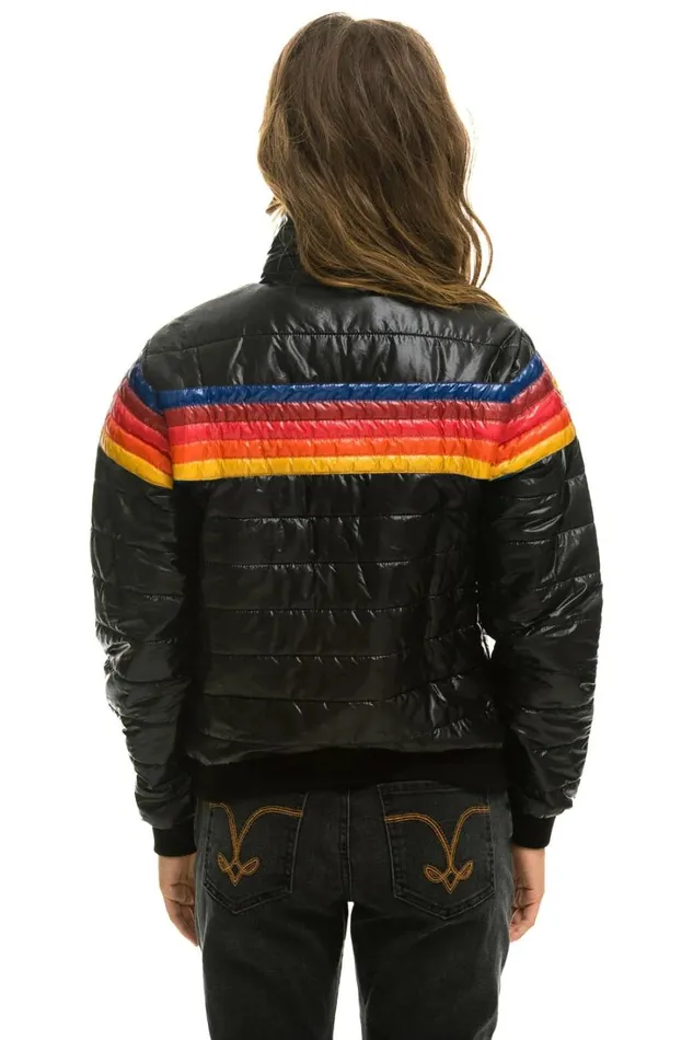 Women Outerwear Aviator Nation 5 STRIPE RAINBOW SLEEVE JACKET 8211 GLOSSY BLACK