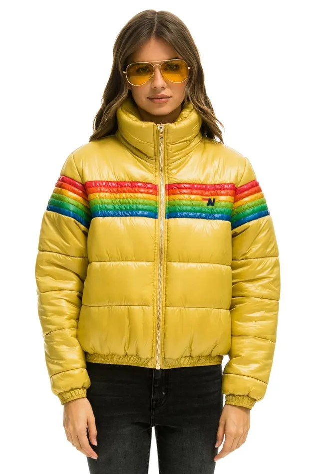 Women Outerwear Aviator Nation 6 STRIPE LUXE APRES PUFFER JACKET 8211 GLOSSY KHAKI