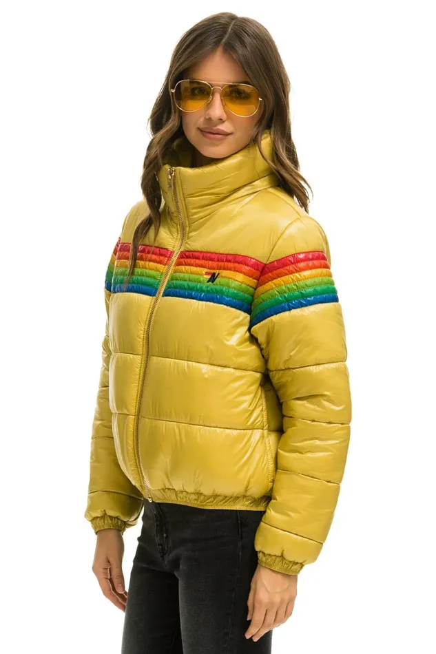 Women Outerwear Aviator Nation 6 STRIPE LUXE APRES PUFFER JACKET 8211 GLOSSY KHAKI Women Outerwear Aviator Nation 6 STRIPE LUXE APRES PUFFER JACKET 8211 GLOSSY KHAKI