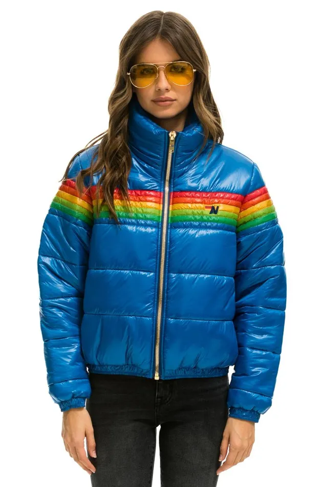 Women Outerwear Aviator Nation 6 STRIPE LUXE APRES PUFFER JACKET 8211 GLOSSY SNORKEL BLUE