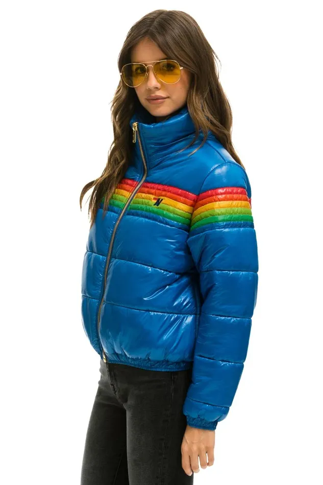 Women Outerwear Aviator Nation 6 STRIPE LUXE APRES PUFFER JACKET 8211 GLOSSY SNORKEL BLUE Women Outerwear Aviator Nation 6 STRIPE LUXE APRES PUFFER JACKET 8211 GLOSSY SNORKEL BLUE