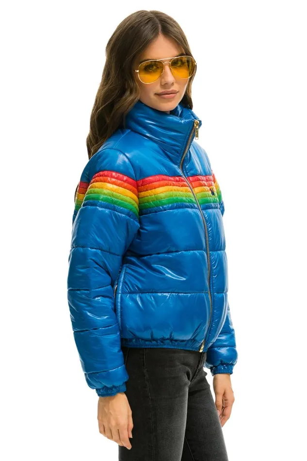 Women Outerwear Aviator Nation 6 STRIPE LUXE APRES PUFFER JACKET 8211 GLOSSY SNORKEL BLUE Women Outerwear Aviator Nation 6 STRIPE LUXE APRES PUFFER JACKET 8211 GLOSSY SNORKEL BLUE