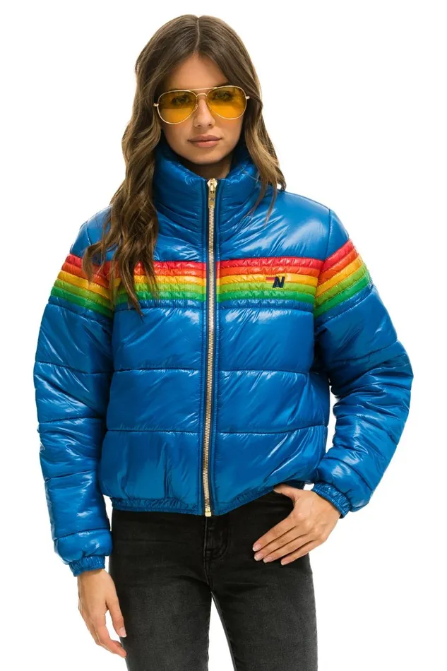 Women Outerwear Aviator Nation 6 STRIPE LUXE APRES PUFFER JACKET 8211 GLOSSY SNORKEL BLUE Women Outerwear Aviator Nation 6 STRIPE LUXE APRES PUFFER JACKET 8211 GLOSSY SNORKEL BLUE