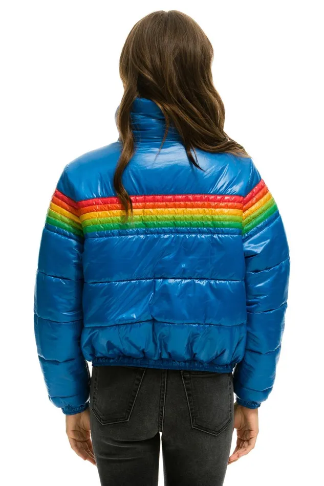 Women Outerwear Aviator Nation 6 STRIPE LUXE APRES PUFFER JACKET 8211 GLOSSY SNORKEL BLUE Women Outerwear Aviator Nation 6 STRIPE LUXE APRES PUFFER JACKET 8211 GLOSSY SNORKEL BLUE