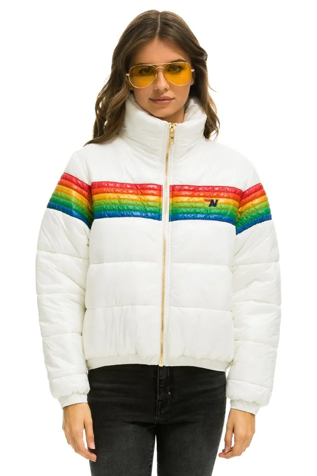Women Outerwear Aviator Nation 6 STRIPE LUXE APRES PUFFER JACKET 8211 GLOSSY WHITE