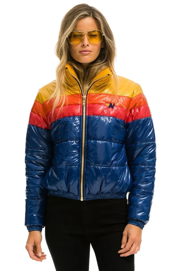 Women Outerwear Aviator Nation COLOR BLOCK LUXE APRES PUFFER JACKET 8211 GLOSSY BLUE