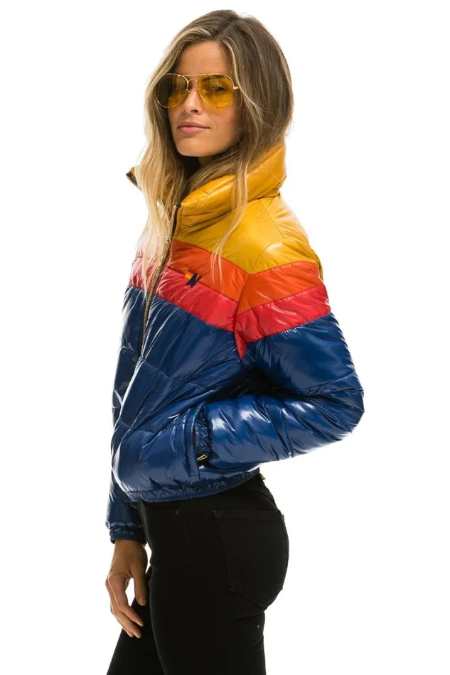 Women Outerwear Aviator Nation COLOR BLOCK LUXE APRES PUFFER JACKET 8211 GLOSSY BLUE