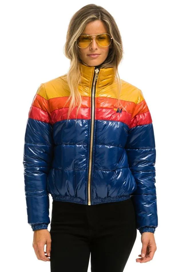 Women Outerwear Aviator Nation COLOR BLOCK LUXE APRES PUFFER JACKET 8211 GLOSSY BLUE