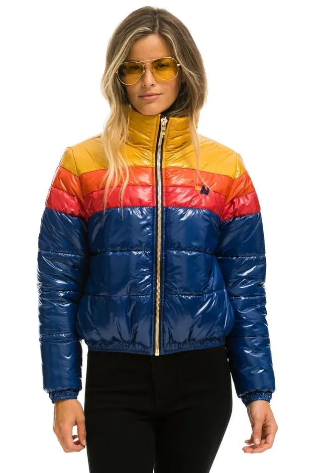 Women Outerwear Aviator Nation COLOR BLOCK LUXE APRES PUFFER JACKET 8211 GLOSSY BLUE