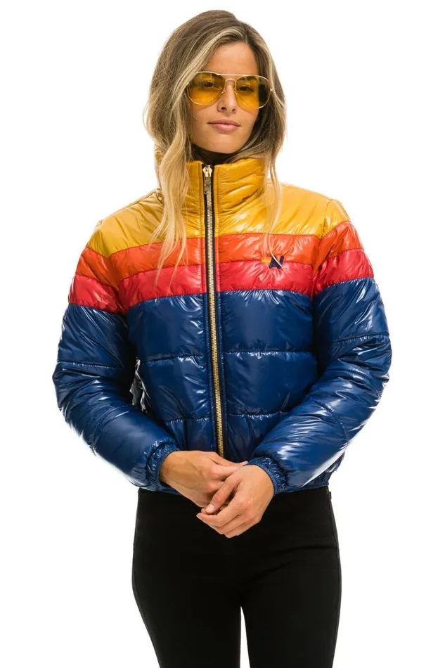 Women Outerwear Aviator Nation COLOR BLOCK LUXE APRES PUFFER JACKET 8211 GLOSSY BLUE