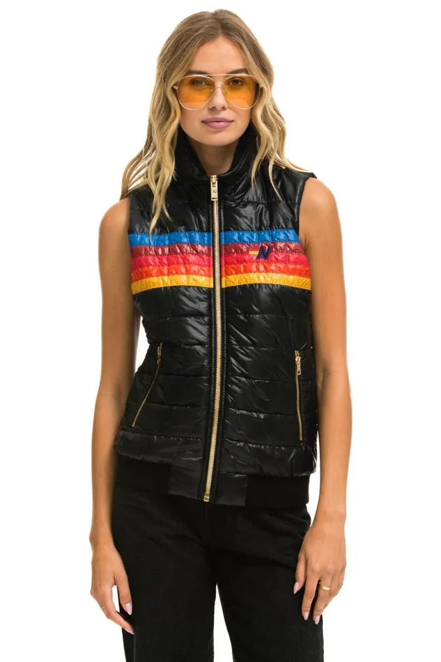 Women Outerwear Aviator Nation WOMEN039S 5 STRIPE VEST 8211 GLOSSY BLACK