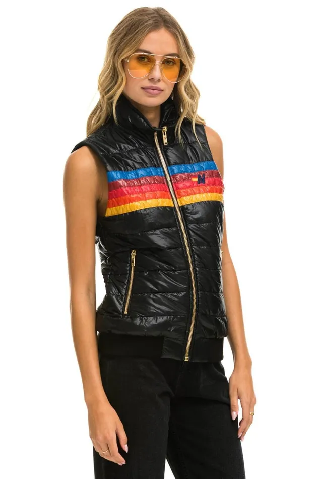 Women Outerwear Aviator Nation WOMEN039S 5 STRIPE VEST 8211 GLOSSY BLACK