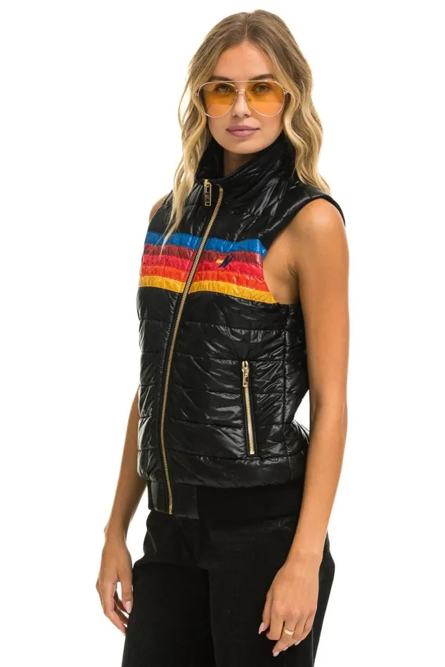 Women Outerwear Aviator Nation WOMEN039S 5 STRIPE VEST 8211 GLOSSY BLACK