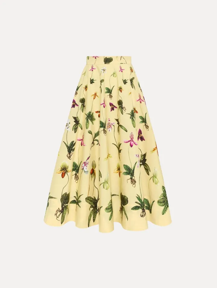 Women Pants and Skirts Oscar De La Renta Orchid Cotton Poplin Skirt Yellow Multi