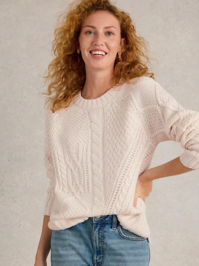 Women PATCHWORK CABLE JUMPER Light Natural White Stuff Knitwear Women PATCHWORK CABLE JUMPER Light Natural White Stuff Knitwear