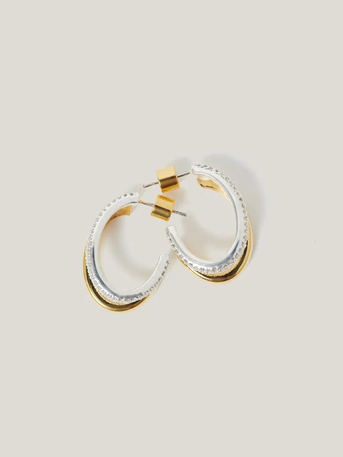 Women Pave Double Hoop Earring Gold Jigsaw Party