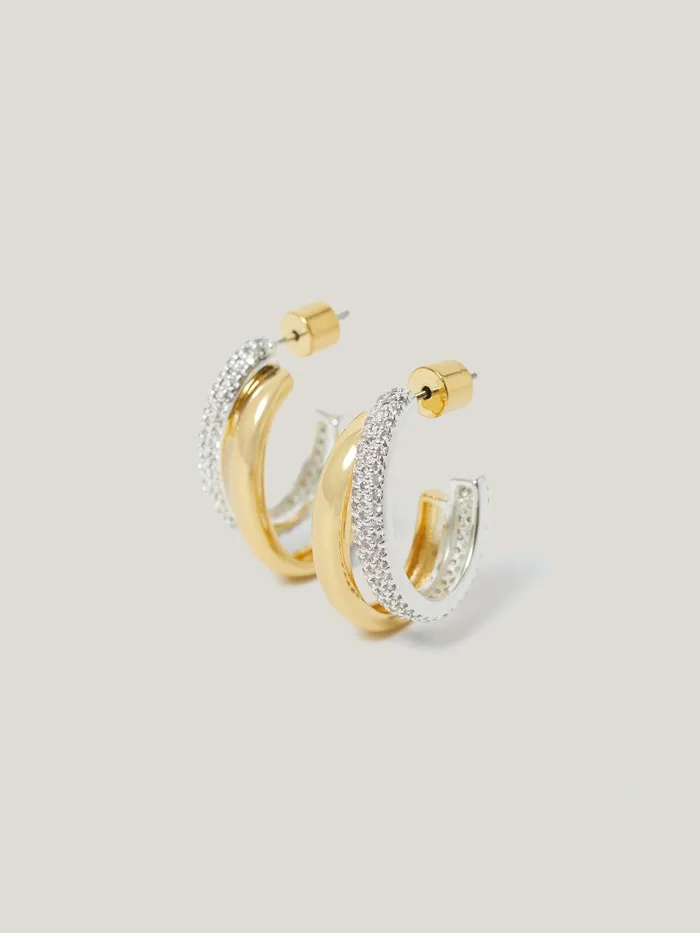 Women Pave Double Hoop Earring Gold Jigsaw Party