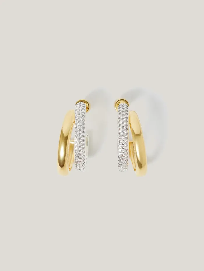 Women Pave Double Hoop Earring Gold Jigsaw Party