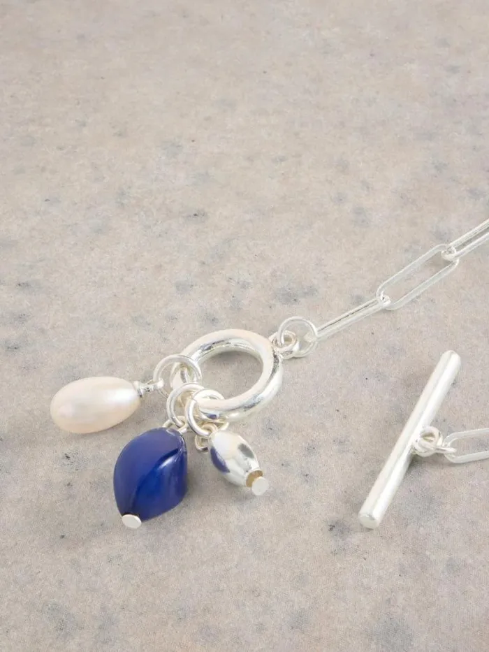 Women Pearl Cluster Chain Necklace Silver Tone Metallic White Stuff Jewellery