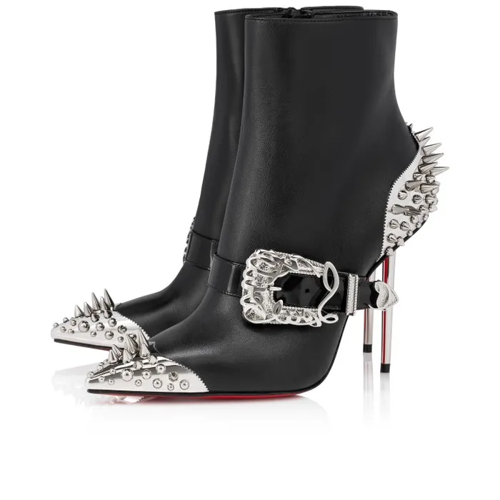 Women Pic Booty 100 Mm Low Boots 8211 Patent Leather Spikes Galva Heel 8211 Black Christian Louboutin Boots