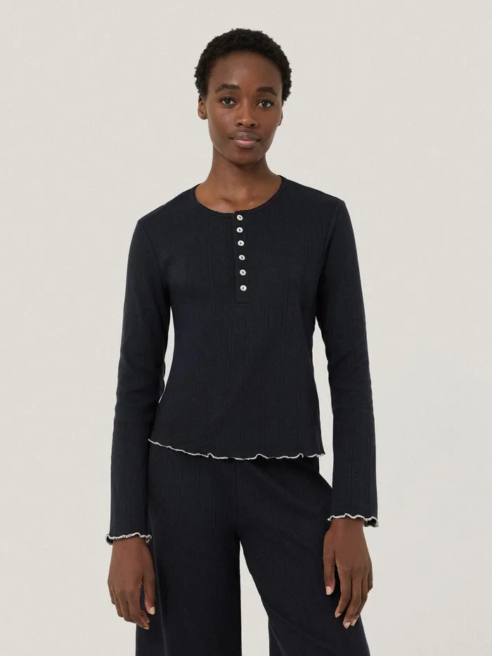 Women Pointelle Pyjama Henley Top Navy Jigsaw Pyjamas and Loungewear