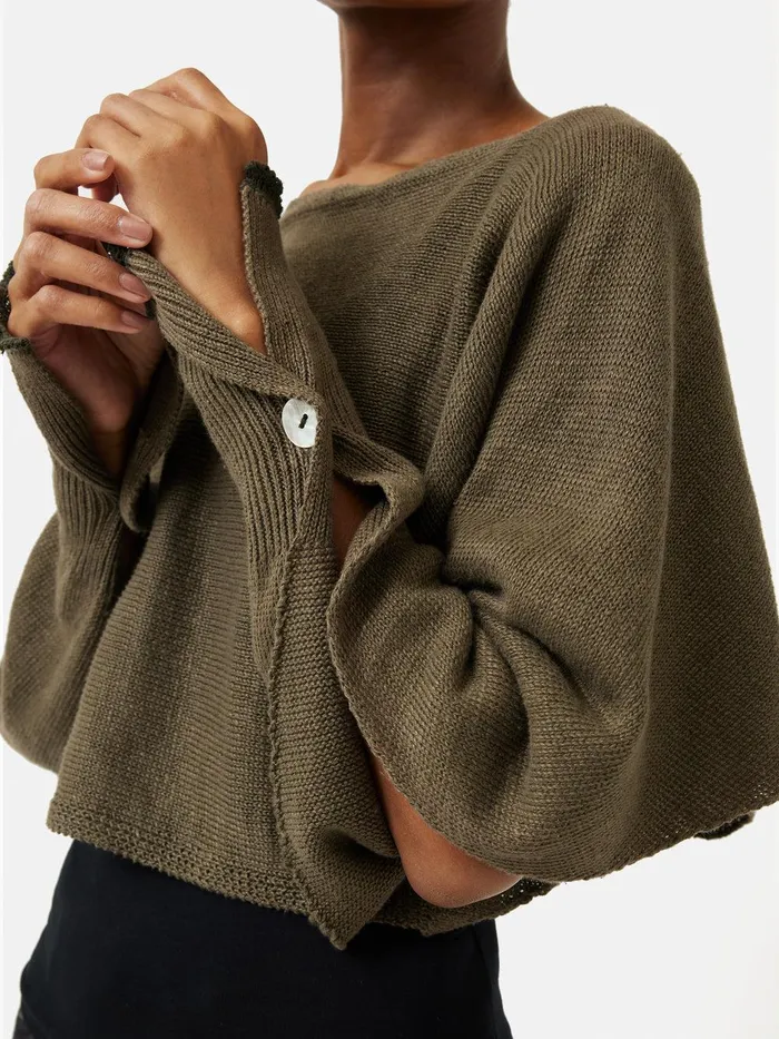 Women Pure Linen Poncho Sweater Khaki Jigsaw Ponchos and Scarves