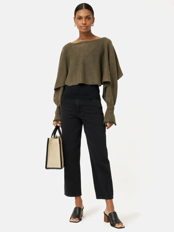 Women Pure Linen Poncho Sweater Khaki Jigsaw Ponchos and Scarves