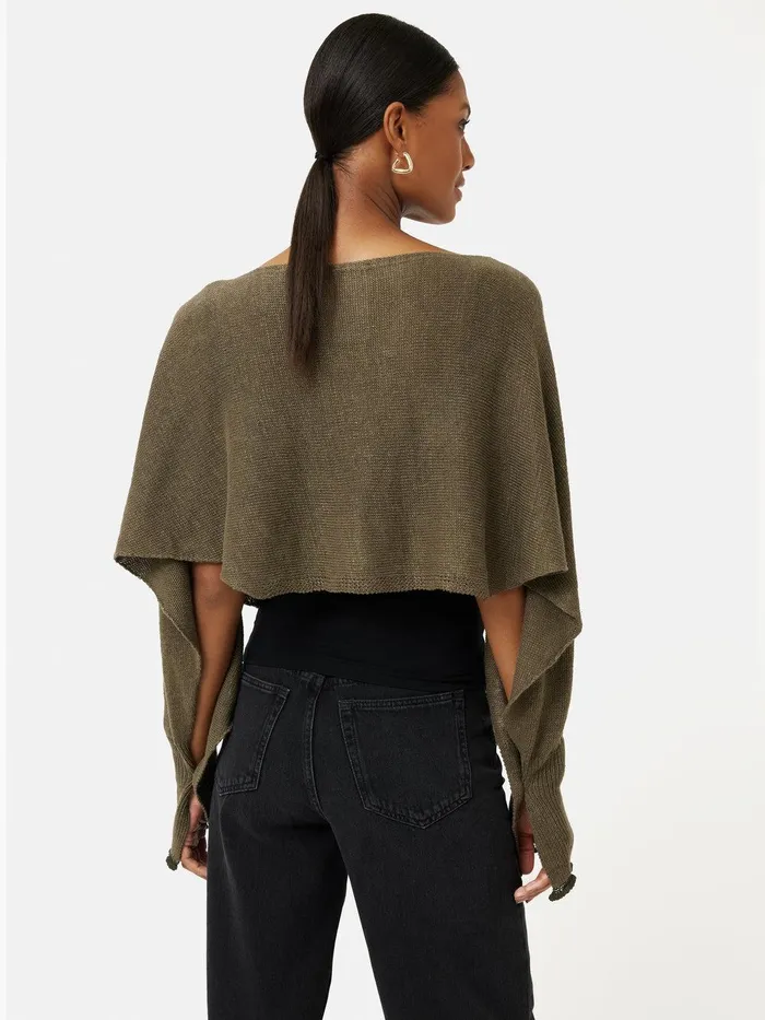 Women Pure Linen Poncho Sweater Khaki Jigsaw Ponchos and Scarves