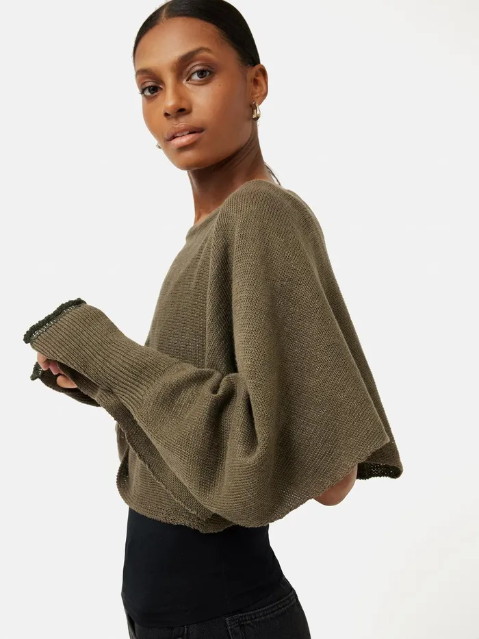 Women Pure Linen Poncho Sweater Khaki Jigsaw Ponchos and Scarves