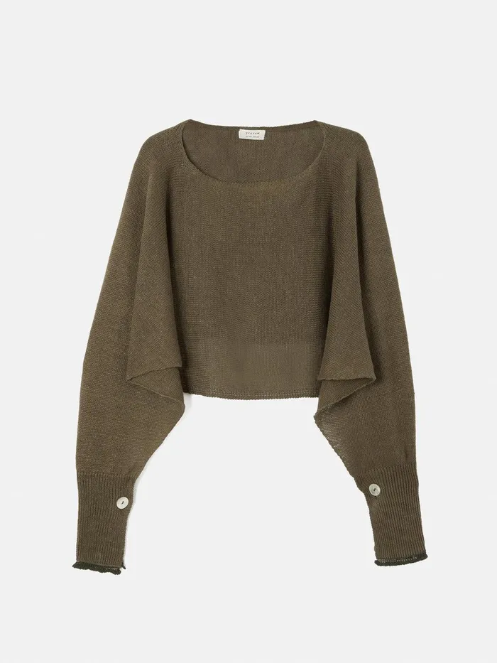 Women Pure Linen Poncho Sweater Khaki Jigsaw Ponchos and Scarves
