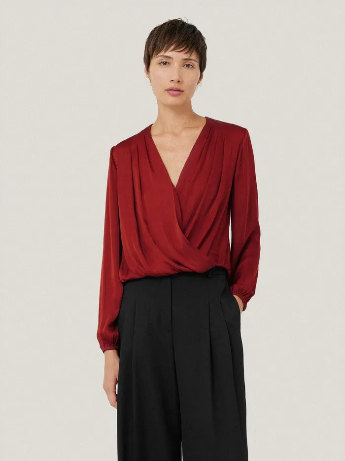 Women Recycled Satin Drape Wrap Top Red Jigsaw Party