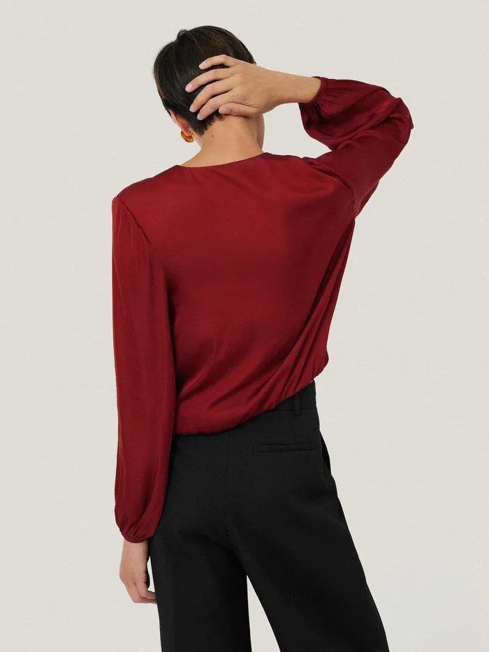 Women Recycled Satin Drape Wrap Top Red Jigsaw Party