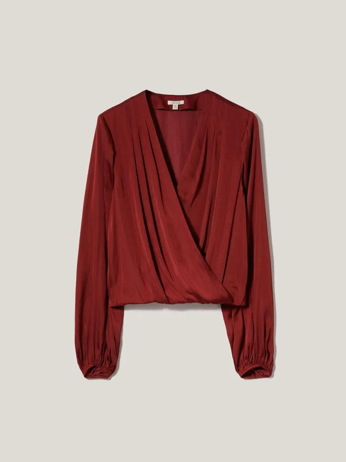 Women Recycled Satin Drape Wrap Top Red Jigsaw Party