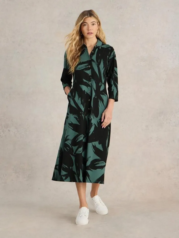 Women Rua Midi Jersey Shirt Dress Green Print White Stuff Dresses